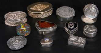 Collection of nine mainly silver/white metal decorative boxes and hallmarked silver menu holder,