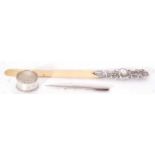 Mixed Lot comprising late Victorian ivory bladed paper knife with loaded pierced and embossed silver