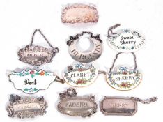 Mixed Lot: hallmarked silver Sherry label, five metal examples, one enamel Port label together