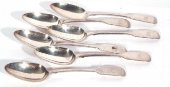 Set of six Victorian Fiddle pattern small table spoons, 20cm long, each bearing a monogram, London