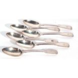 Set of six Victorian Fiddle pattern small table spoons, 20cm long, each bearing a monogram, London