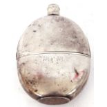 Georgian silver hip flask of oval form and screw on lid, engraved with initials, hallmarked London