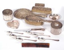 Box of plated dressing table wares, a Dutch white metal heart shaped dish, a silver pistol handle