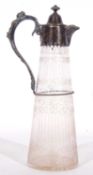 Antique silver plated claret jug with geometric engraved tapering cylindrical glass body having a