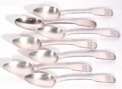 Set of six George IV Fiddle pattern dessert spoons, each bearing a monogram, London 1823 by Benjamin