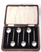 Cased George V set of six silver bean end coffee spoons, Birmingham 1924, maker's mark William