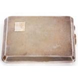 George VI silver cigarette case of rectangular form with a plain corner set cartouche, engine turned