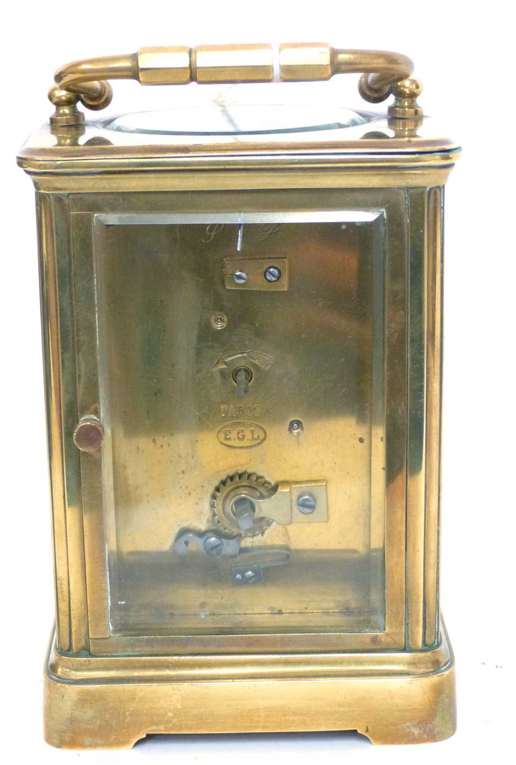 First quarter of the 20th century large French brass and glass panelled carriage clock of plain - Image 6 of 7