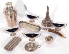 Mixed lot of plated wares to include a cocktail shaker, wine funnel, cigar case etc