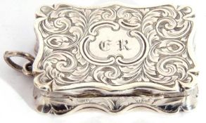 Victorian silver vinaigrette, the rectangular shaped vinaigrette with serpentine sides, engraved and