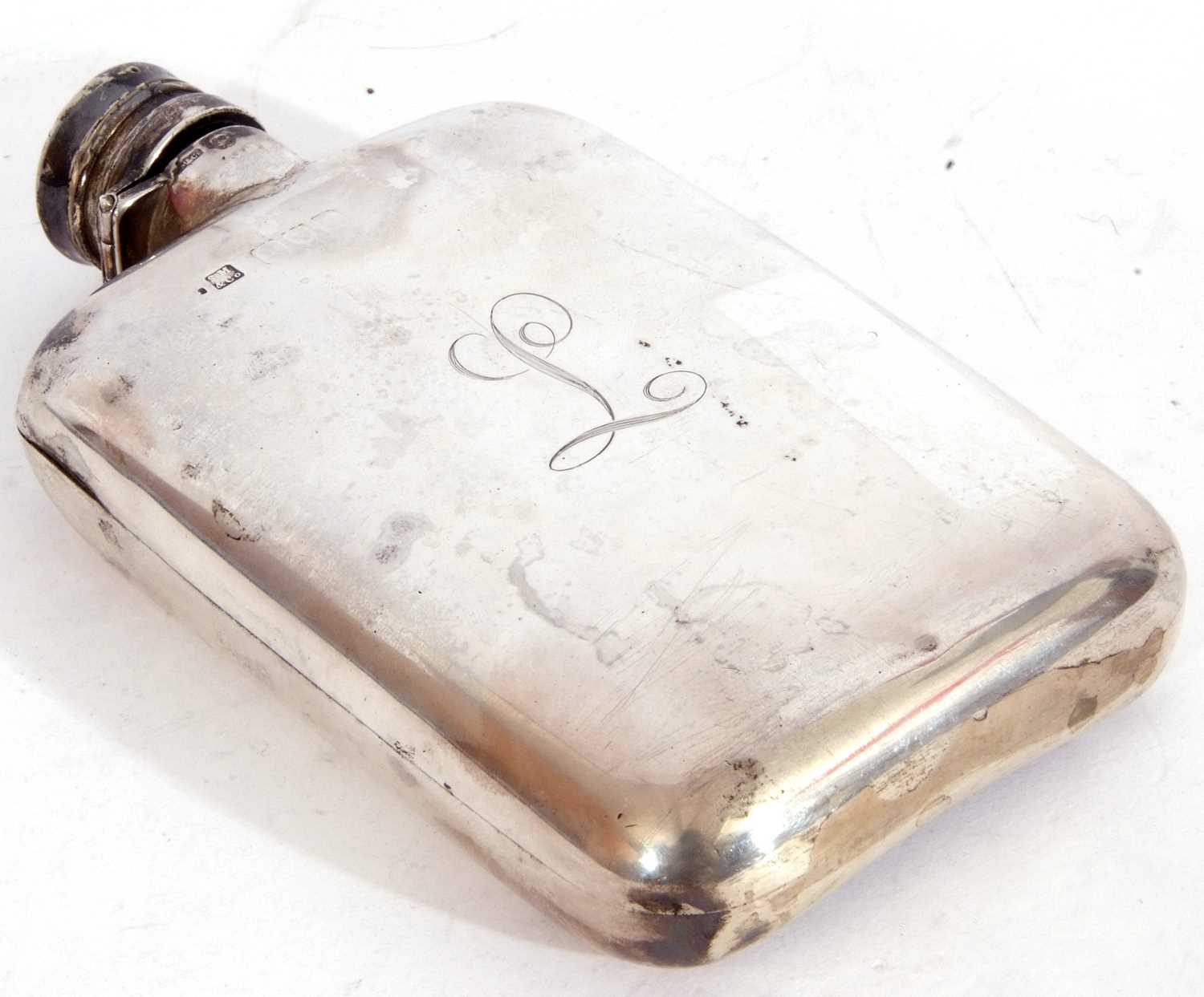 Early 20th century silver hip flask, circa 1920, of rectangular curved form with rounded corners, - Image 4 of 5