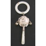 George VI silver 'Little Jack Horner' baby's teething rattle, mother of pearl handle and