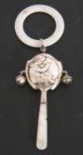 George VI silver 'Little Jack Horner' baby's teething rattle, mother of pearl handle and