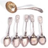 Group of five Georgian and later Fiddle pattern and bright cut tea spoons, (conditions vary),