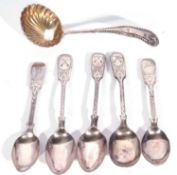 Group of five Georgian and later Fiddle pattern and bright cut tea spoons, (conditions vary),