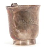 Hallmarked silver small mug, baluster form with reeded handle and foot, engraved "Clare Elaine", 7cm