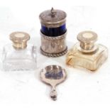 Mixed Lot: Edward VII silver and blue glass pepper, Chester 1912, a small silver backed mirror,