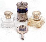 Mixed Lot: Edward VII silver and blue glass pepper, Chester 1912, a small silver backed mirror,