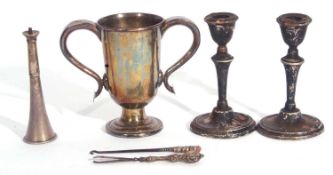 Mixed Lot: old Sheffield plate twin handled trophy cup, 15cm tall, a pair of hallmarked silver