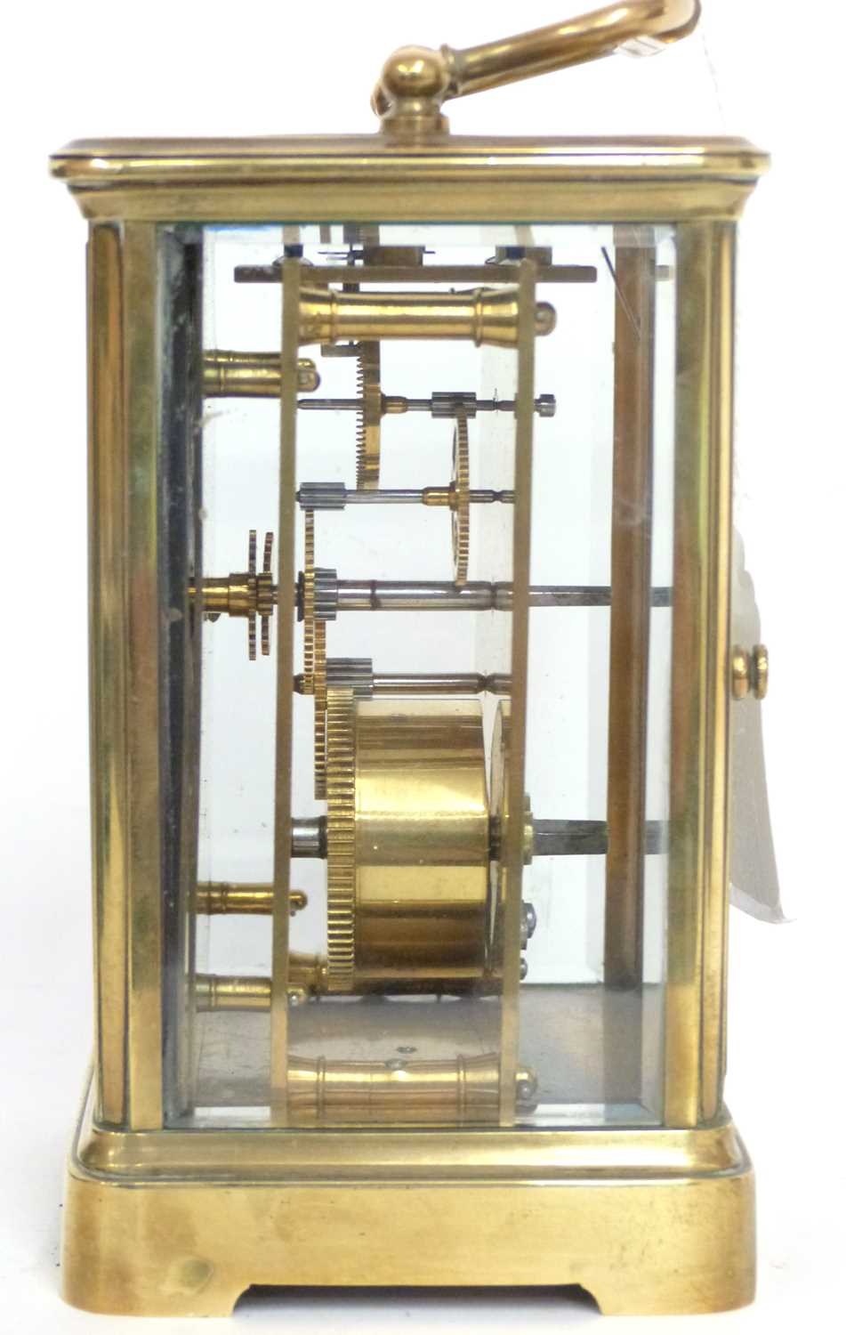 First quarter of the 20th century large French brass and glass panelled carriage clock of plain - Image 4 of 7