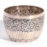 Victorian silver small bowl having an engraved and chased floral scroll band around an engraved