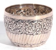 Victorian silver small bowl having an engraved and chased floral scroll band around an engraved