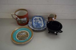 MIXED LOT OF CERAMICS TO INCLUDE A LARGE PRATT WARE TANKARD, VARIOUS BLUE AND WHITE WARES, PRESSED