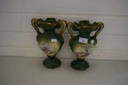 PAIR OF MODERN GREEN GLAZED DOUBLE HANDLED VASES