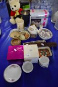 MIXED LOT - POLISHED STONE EGGS, VARIOUS TEA WARES, RUPERT THE BEAR MODEL, ETC