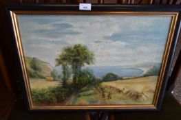 20TH CENTURY SCHOOL STUDY OF A HARVEST SCENE OIL ON CANVAS IN EBONISED FRAME