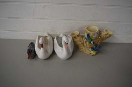 MIXED LOT - TWO SWAN SHAPED PLANTERS, A VASE, A MODEL DUCK (4)