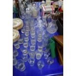 QUANTITY VARIOUS CLEAR DRINKING GLASSES, SILVER PLATE MOUNTED DECANTER AND OTHER ITEMS