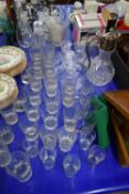 QUANTITY VARIOUS CLEAR DRINKING GLASSES, SILVER PLATE MOUNTED DECANTER AND OTHER ITEMS