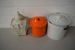 MIXED LOT - ENAMEL FLOUR BIN PLUS AN ENAMEL STORAGE CONTAINER AND A METAL FRAMED LANTERN (3)