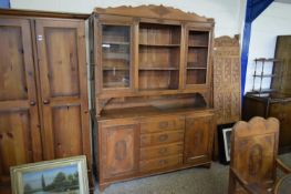 MODERN KASHMIRI HARDWOOD DINING ROOM SUITE COMPRISING DRESSER WITH GLAZED TOP SECTION, OVAL TABLE