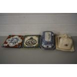 MIXED LOT - TWO CHEESE DISHES AND TWO MODERN DECORATED TILES