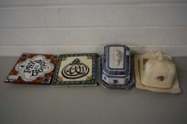 MIXED LOT - TWO CHEESE DISHES AND TWO MODERN DECORATED TILES