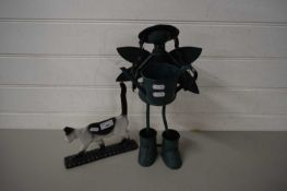 ABSTRACT METAL MODEL OF A FIGURE WITH A WATERING CAN AND A CAT SHAPED IRON DOOR STOP (2)