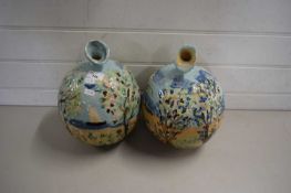 PAIR OF GLOBULAR ART POTTERY VASES DECORATED WITH COASTAL VIEWS, MARKS TO BASE 'SHAHLA'