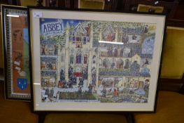 COLOURED PRINT 'ABBEY LIFE IN A NUTSHELL', TOGETHER WITH A FOLKLORE MAP OF NORFOLK, BOTH F/G (2)