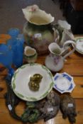 MIXED LOT - LARGE WASH JUG, VARIOUS BLUE GLASS VASES, CERAMICS, ANIMAL ORNAMENTS ETC