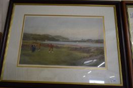 After Douglas Adams, three coloured prints of golfing interest "A difficult bunker", "The putting