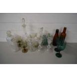 MIXED LOT - DECANTERS, DRINKING GLASSES, GLASS BOTTLES ETC