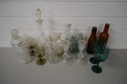 MIXED LOT - DECANTERS, DRINKING GLASSES, GLASS BOTTLES ETC