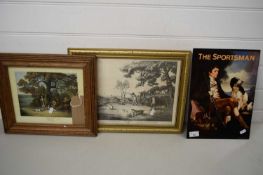 TWO FRAMED HUNTING PRINTS TOGETHER WITH A FURTHER METAL WALL PLAQUE, MARKED 'THE SPORTSMAN'