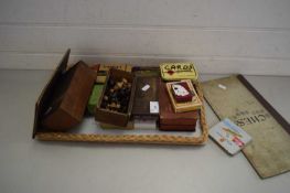 TRAY VARIOUS PLAYING CARDS, CHESS BOARD, CHESS PIECES ETC