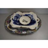 19TH CENTURY OVAL FLORAL DECORATED MEAT PLATE PLUS A FURTHER BLUE AND WHITE SERVING DISH AND A SMALL