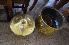 MIXED LOT LARGE BRASS JARDINIERE WITH LION MASK HANDLES, COAL BUCKET AND A SMALL BRASS JAM PAN