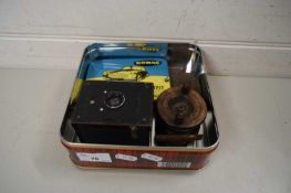 BOX OF MIXED ITEMS TO INCLUDE A SMALL HAWKEYE ACE CAMERA, WOODEN CENTRE PIN FISHING REEL ETC