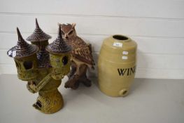 MIXED LOT COMPRISING A MODEL OWL, POTTERY MODEL OF A GROTTO AND A WINE BARREL (3)